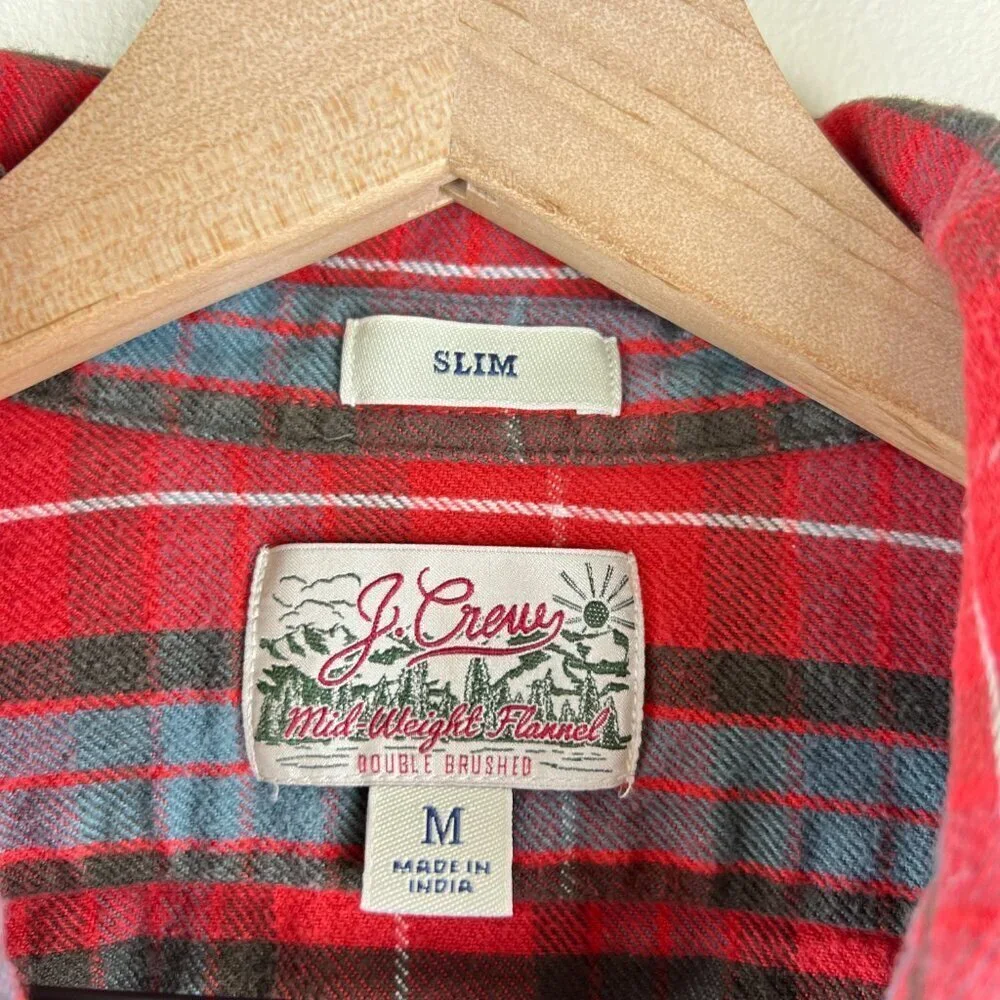 J. Crew Mens Red Plaid Slim Fit Midweight Flannel Workshirt